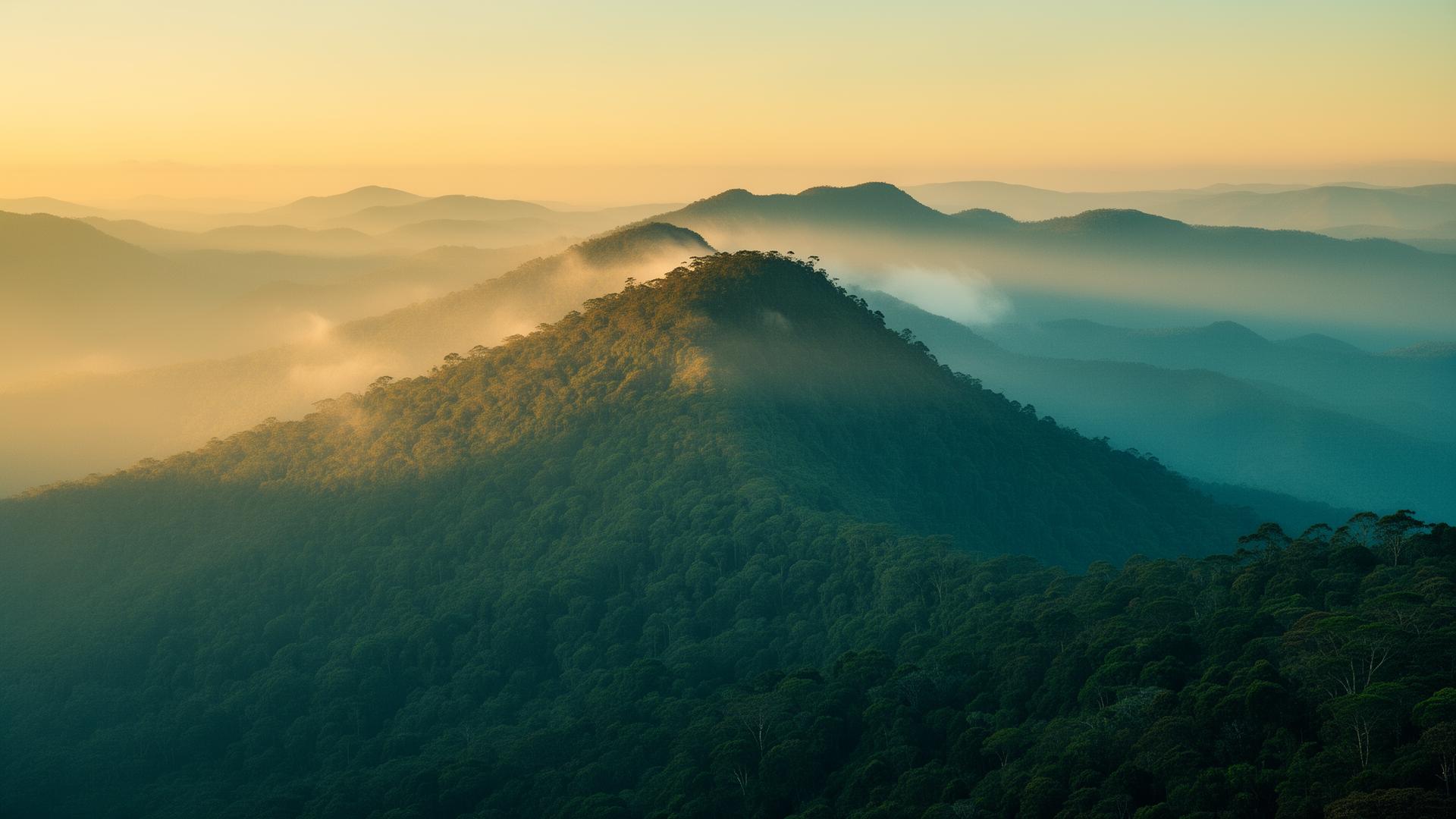 Vista aérea das montanhas enevoadas da Serra da Mantiqueira ao amanhecer